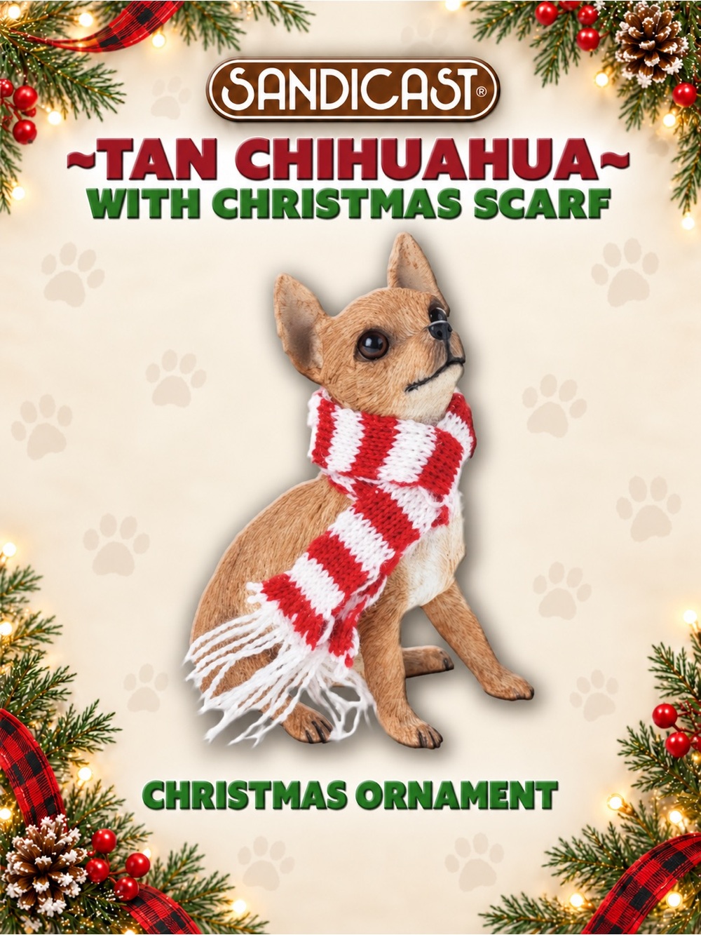Sandicast Tan CHIHUAHUA with Red and White Christmas Scarf NEW